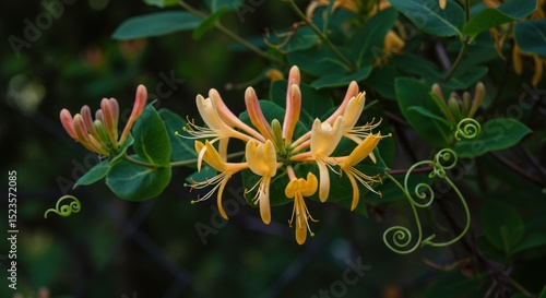 Delicate honeysuckle bloom revealing graceful petals and verdant leaves