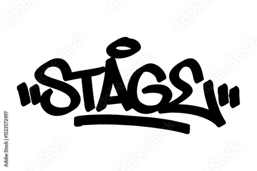 Graffiti tag text "Stage" in bold black urban style with festive street vibes. Hand-drawn lettering with raw spray paint texture. Perfect for posters, merch, events, and edgy designs.
