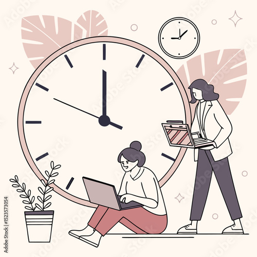 Women working at laptop with clock
