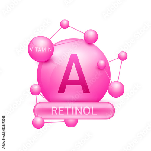 Pink vitamin A or Retinol surrounded by molecule atoms on white background. Vitamins complex for design dietary supplement products. Medical science health care concept. 3D Vector EPS10.