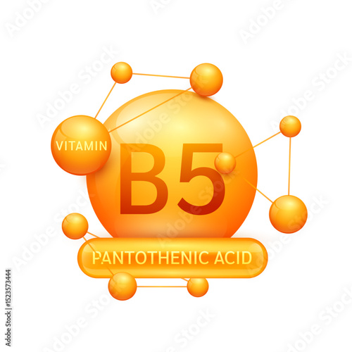 Orange vitamin B5 or Pantothenic Acid surrounded by molecule atoms on white background. Vitamins complex for design dietary supplement products. Medical science health care concept. 3D Vector EPS10.