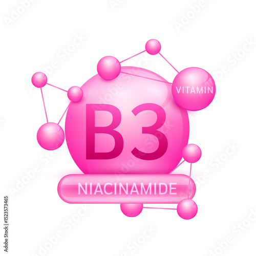 Pink vitamin B3 or Niacinamide surrounded by molecule atoms on white background. Vitamins complex for design dietary supplement products. Medical science health care concept. 3D Vector EPS10.