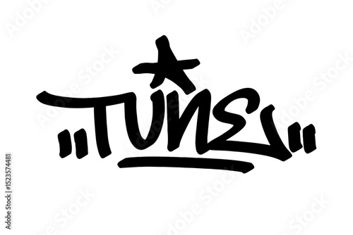 Graffiti tag text "Tune" in bold black urban style with festive street vibes. Hand-drawn lettering with raw spray paint texture. Perfect for posters, merch, events, and edgy designs.
