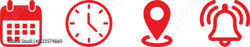 icon, icons, set, collection, red, calendar, time, clock, location, map pin, bell, notification, alert, 