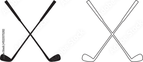 golf, clubs, crossed, sport, game, equipment, vector, illustration, icon, symbol, sign, logo, graphic, design, black, white, silhouette, leisure, recreation, competition, fairway, tee, tournament, 
