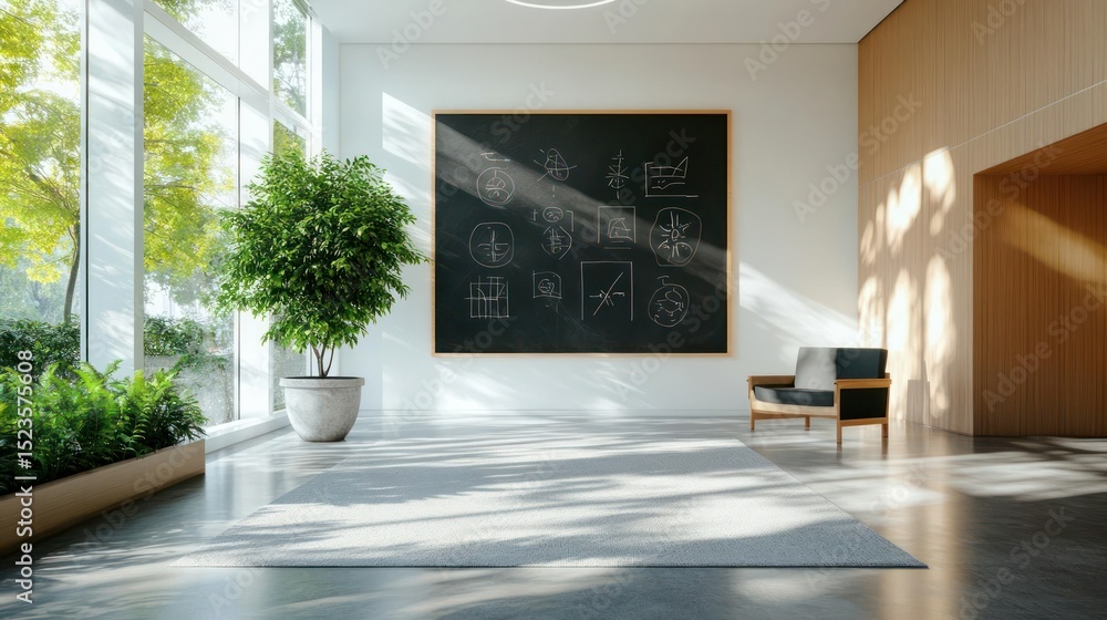 Fototapeta premium Modern Interior Space Featuring Large Windows Natural Light Potted Tree and Wooden Wall Accents