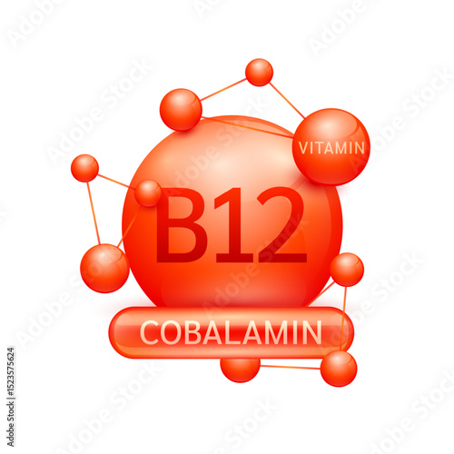 Red vitamin B12 or Cobalamin surrounded by molecule atoms on white background. Vitamins complex for design dietary supplement products. Medical science health care concept. 3D Vector EPS10.