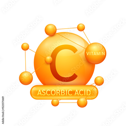 Orange vitamin C or Ascorbic Acid surrounded by molecule atoms on white background. Vitamins complex for design dietary supplement products. Medical science health care concept. 3D Vector EPS10.