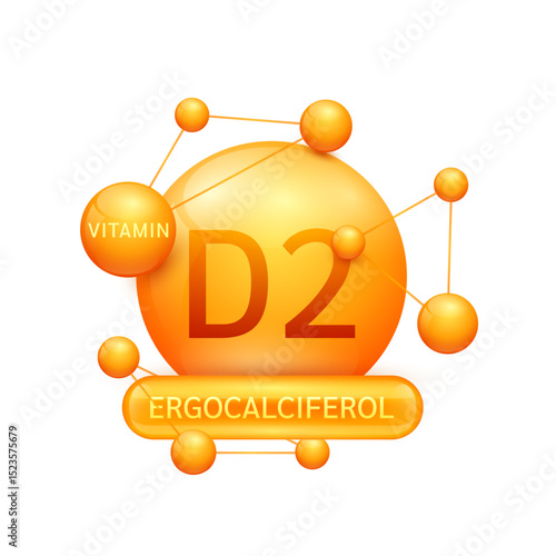 Orange vitamin D2 or Ergocalciferol surrounded by molecule atoms on white background. Vitamins complex for design dietary supplement products. Medical science health care concept. 3D Vector EPS10.