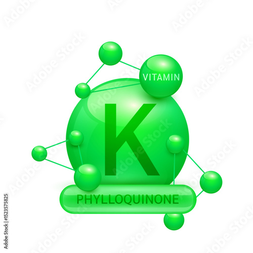 Green vitamin K or Phylloquinone surrounded by molecule atoms on white background. Vitamins complex for design dietary supplement products. Medical science health care concept. 3D Vector EPS10.