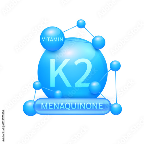Blue vitamin K2 or Menaquinone surrounded by molecule atoms on white background. Vitamins complex for design dietary supplement products. Medical science health care concept. 3D Vector EPS10.