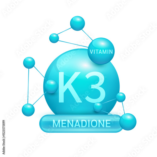 Blue vitamin K3 or Menadione surrounded by molecule atoms on white background. Vitamins complex for design dietary supplement products. Medical science health care concept. 3D Vector EPS10.