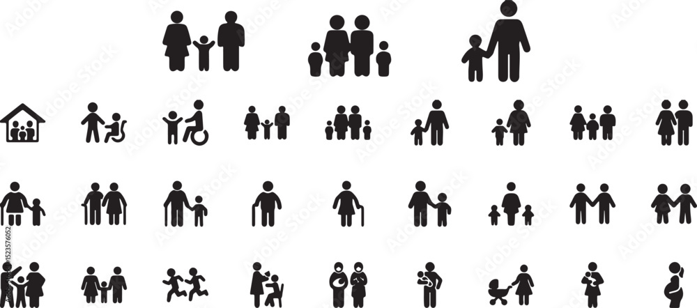 Naklejka premium family, families, pictogram, icons, black, vector, illustration, set, collection, parents, children, siblings, grandparents, pregnant, baby, childcare, home, house, disability, caregiving, walking, el