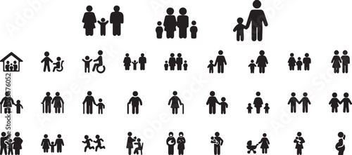 family, families, pictogram, icons, black, vector, illustration, set, collection, parents, children, siblings, grandparents, pregnant, baby, childcare, home, house, disability, caregiving, walking, el