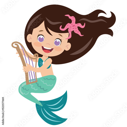 Tableau sur toile Cute swimming mermaid mermaid playing the harp