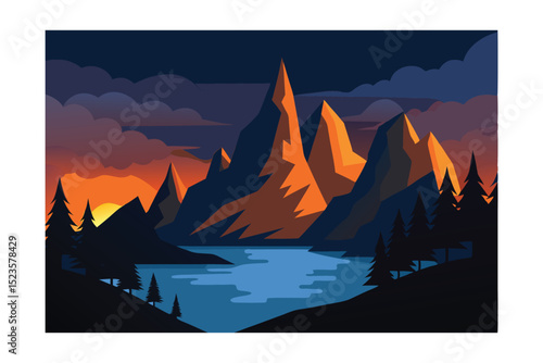 Majestic Mountain Sunset A Serene Landscape Illustration