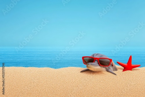 Dolphin Summer Vacation - A cartoon dolphin wearing sunglasses relaxes on a sandy beach next to a starfish, under a bright blue sky. Perfect for summer travel themes