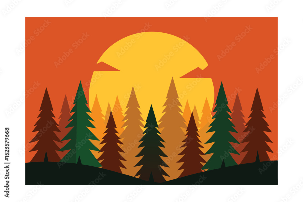 Obraz premium Sunset Silhouette Pine Forest at Dusk, Nature's Golden Hour
