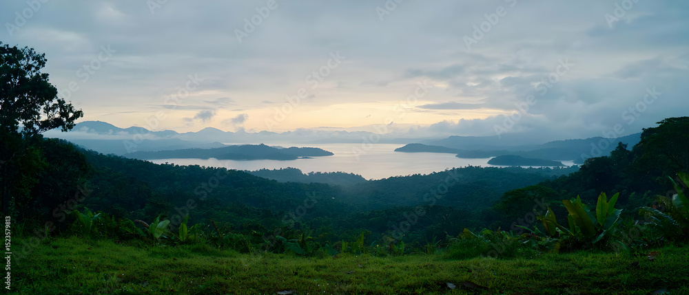 Fototapeta premium Misty Sunrise Over Lake And Hills