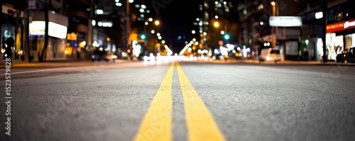 Urban road at night low angle view double yellow lines perspective