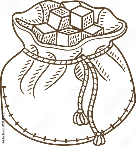 Burlap sack filled with sugar cubes hand drawn rustic food storage, sweetener ingredient illustration