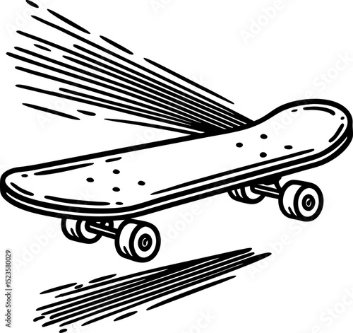 Speeding skateboard in motion, fast ride illustration urban sport, youth skater lifestyle, dynamic movement