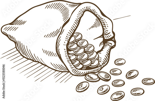 Open sack of coins spilling on surface wealth, savings, currency, finance and banking hand drawn illustration