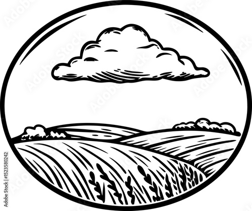 Rolling farmland landscape with cloudy sky vintage hand drawn rural field, agriculture countryside illustration