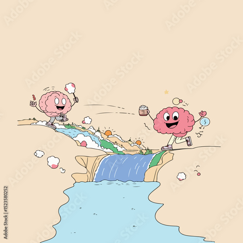 Brain Cartoon Characters Crossing a Waterfall