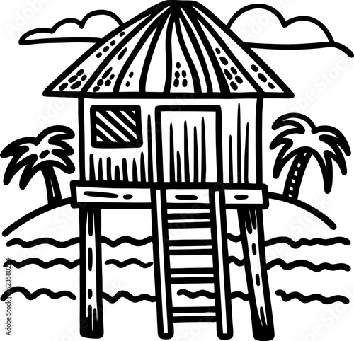Tropical beach hut on stilts with palm trees and ocean waves island vacation getaway hand drawn illustration
