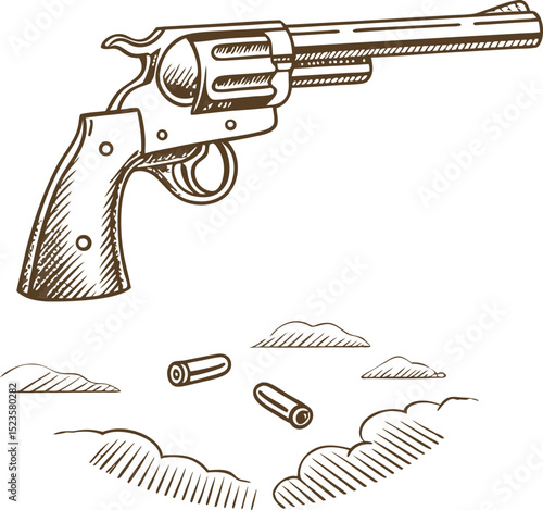 Vintage revolver pistol illustration hand drawn classic handgun with bullet casings and smoke for western theme