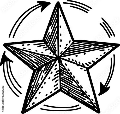 Hand drawn five pointed star with rotation arrows sketch geometric symbol, dynamic movement illustration