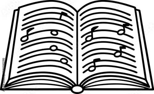 Open book with musical notes, simple black outline sheet music, arts education, melody, learning concept
