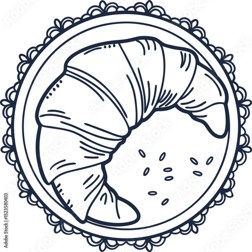 Fresh croissant on decorative plate with sesame seeds baked pastry treat, continental breakfast food