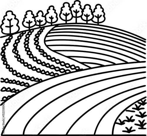 Rolling farmland landscape with trees and cultivated fields agricultural countryside, rural nature illustration
