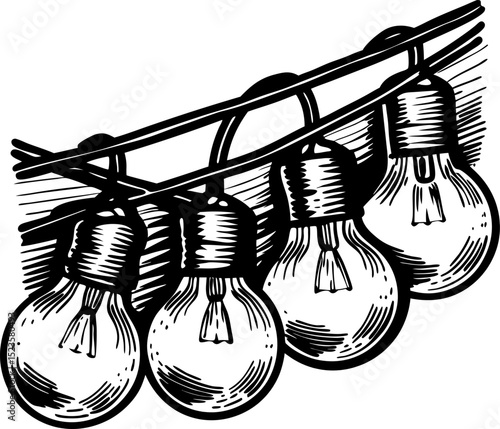 Vintage string lights illustration hand drawn incandescent light bulbs hanging on wire, retro decorative element