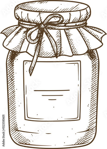Glass jar with lid and ribbon vintage hand drawn illustration, preserved food, empty container on white background