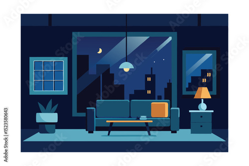 Night City Apartment Living Room Interior Design Cozy Evening Ambiance