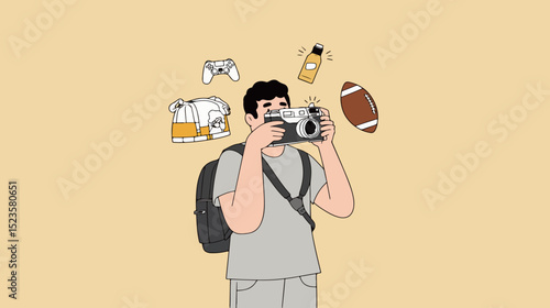 Cartoon Photographer with Floating Objects