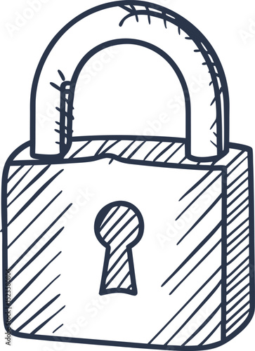 Hand drawn padlock sketch security protection, privacy safety concept, black outline illustration on white