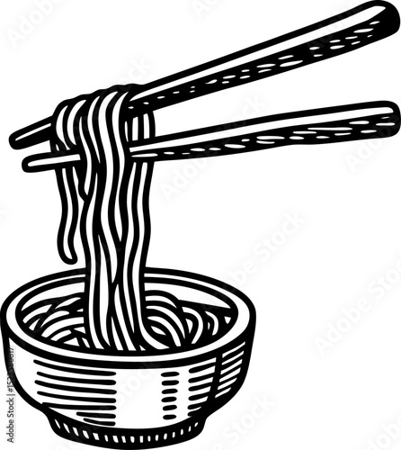 Chopsticks holding noodles above bowl traditional asian cuisine, ramen or udon, simple black and white food illustration