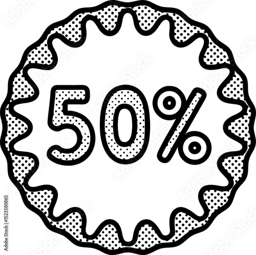 Fifty percent discount badge hand drawn circular seal with dotted texture for half price special sale offer
