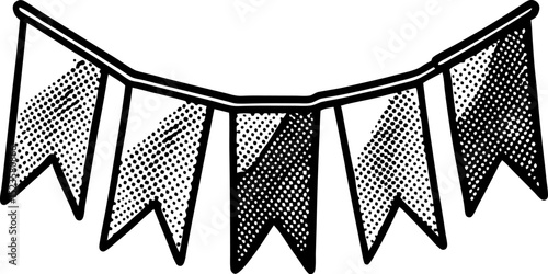 Monochrome pennant flags hand drawn garland, decorative hanging bunting for party celebration or festival event