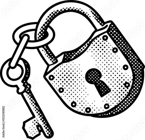 Vintage padlock with matching key classic security object, antique metal protection, black and white engraving illustration