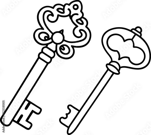 Vintage ornate skeleton keys pair antique decorative unlocking tools, old fashioned security concept, black outline illustration