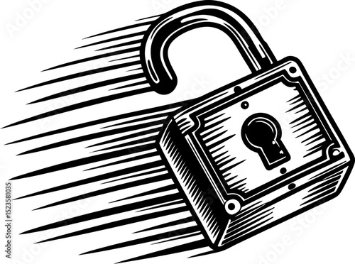 Open padlock in motion, security and access concept unlocked lock with speed lines, black and white illustration