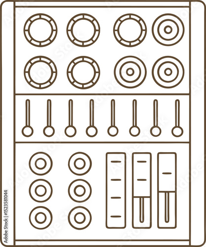 Audio mixer control panel soundboard with knobs, faders, sliders studio equipment for music production, recording