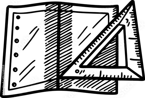 Open notebook with triangular ruler hand drawn sketch, school supplies for math, geometry and learning concepts