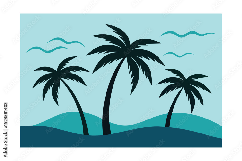 Obraz premium Tranquil Tropical Paradise Palm Trees Silhouette on a Serene Ocean View
