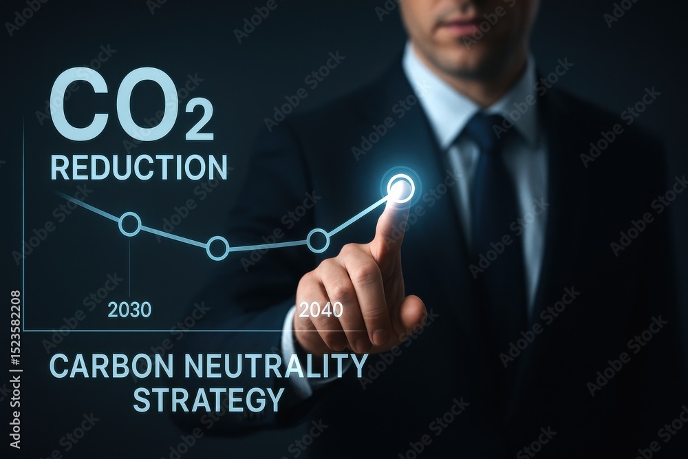 Obraz premium Businessman Engaging with Virtual Carbon Reduction Timeline Strategy in Futuristic Setting